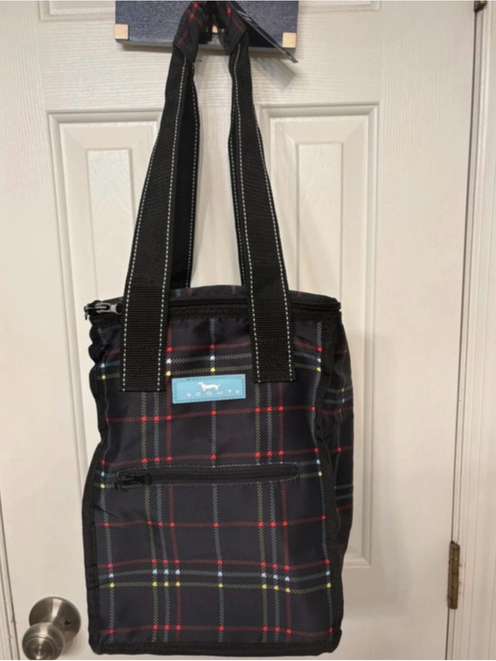 Scout Black Plaid Cooler Tote with Red and Yellow Accents